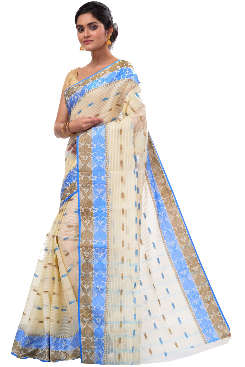 Blue Brown Pure Cotton Aged_Women Tant Saree (401)